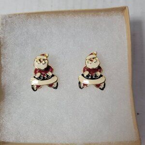 Vintage AIM Gold-Tone Santa Claus Dangle Earrings With Enamel Accents